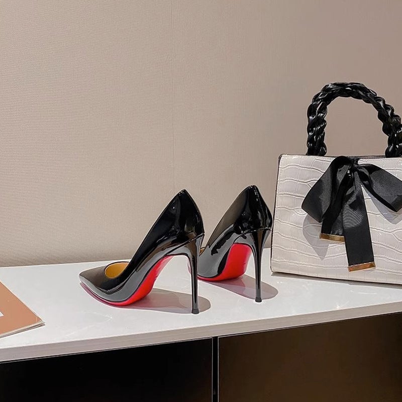 كعب عالي أسود للنساء 2023 جلد لامع جديد قاع أحمر كعب رفيع عالي الجودة 10 سم أحذية فردية للنساء - Image 2